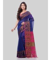 DESH BIDESH Women`s Tant Cotton Silk Handloom Cotton Saree Pushpomala With Blouse Piece(Blue Pink)